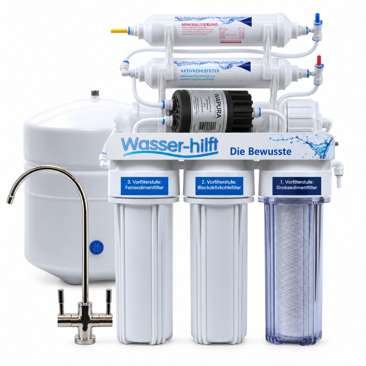 Die Bewusste mit Tank – 6-stufige Osmoseanlage mit Mineralisierung,  75-GPD-Membran und Permeatpumpe