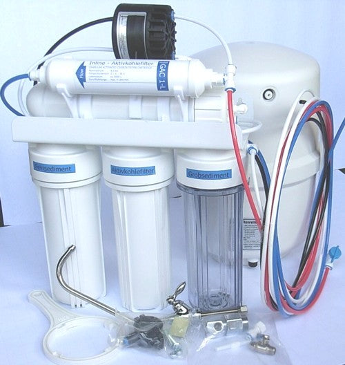 Die Wassersparende: 5‑stufige Osmose-Anlage mit Permeatpumpe und Tank ~  vital-RO-permeat-5m