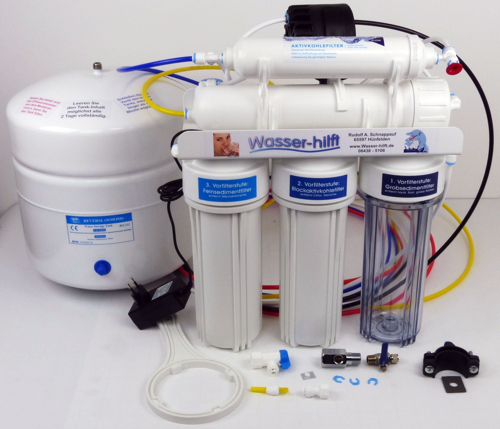 Die Wassersparende: 5‑stufige Osmose-Anlage mit Permeatpumpe und Tank ~  vital-RO-permeat-5m